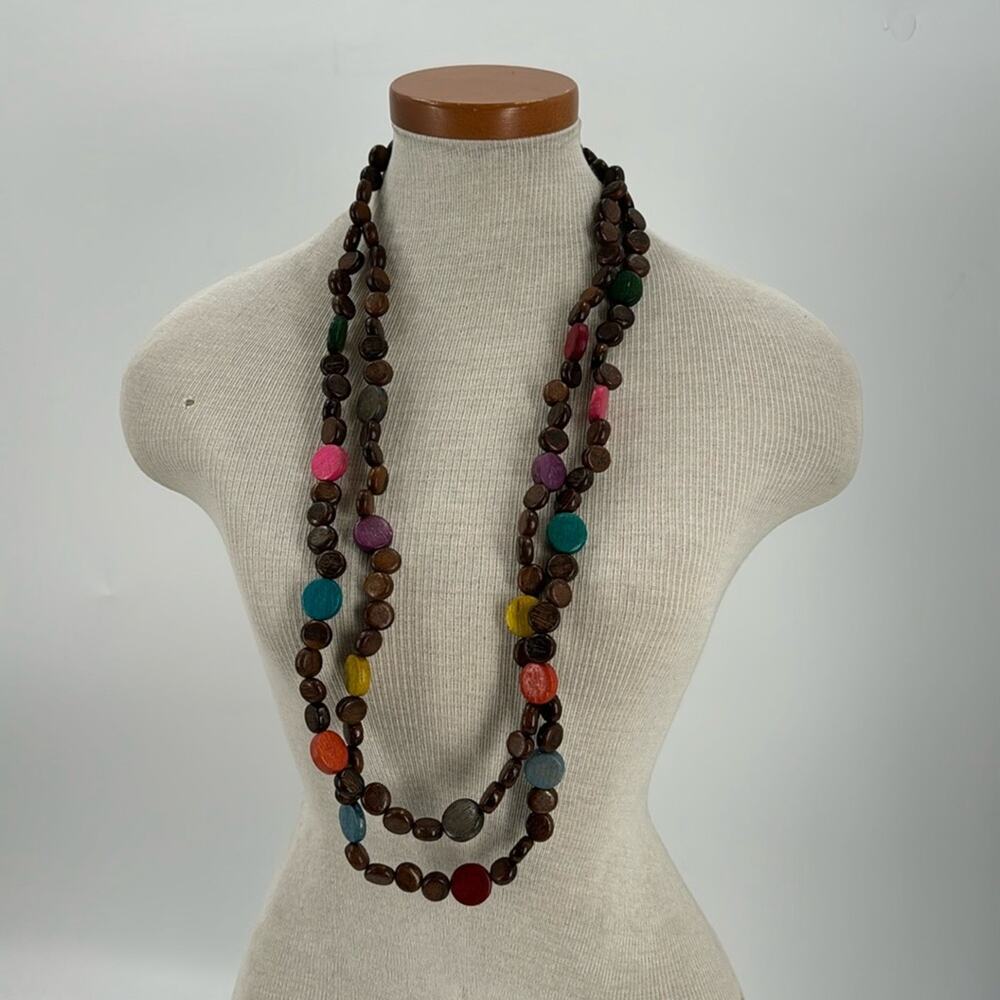 Multicolored wooden beaded doubled layer statement necklace